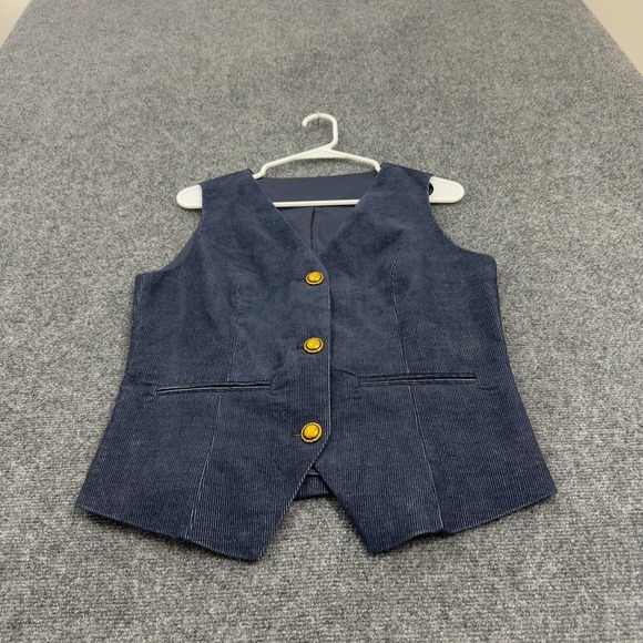 Unbranded Jackets & Blazers - Unbranded Vest Womens M Navy Blue Corduroy Gold Button Back Cinch Waistcoat